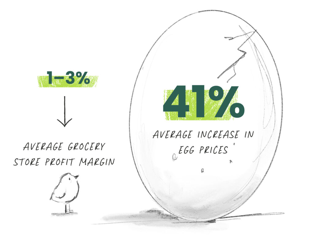1–3% : typical grocery stores profit margins (dwarfed by 41% increase in egg prices)